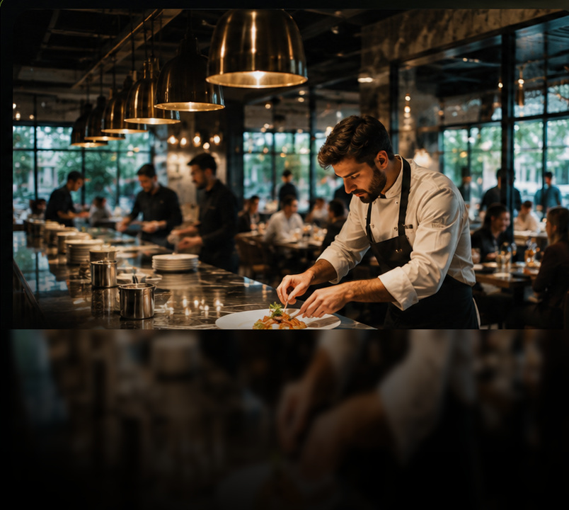 Chef plating a dish at the pass in a premium open-kitchen restaurant during service